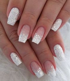 1. Champagne Charm Start the season in style with nails inspired by the elegance of champagne bubbles. 2. Frosty French Tips Elevate the classic French manicure with frosted tips, evoking snowy elegan Blush Pink Nails, Nails Bridesmaid, White And Silver Nails, Wedding Nails Glitter, White Glitter Nails, Bride Nails, Nails Almond