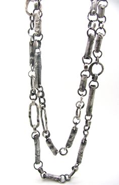 Silver Necklace - Hand-forged circular chain links contrast with long melted silver tubes, resulting in a striking mixed chain with organic texture and asymmetrical details. Wear long or doubled. Mushroom Inspiration, Chain Link Necklace Silver, Diy Jewelry Necklace, Jewelry Diy Bracelets, Artful Home, Dope Jewelry, Dainty Gold Necklace, Hand Chain, Accessories Diy Jewelry