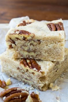 three pecan bars stacked on top of each other