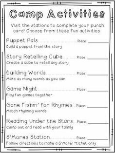 the camp activities worksheet is shown in black and white with text on it