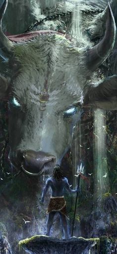 a painting of a man standing in front of a large bull with horns on it's head