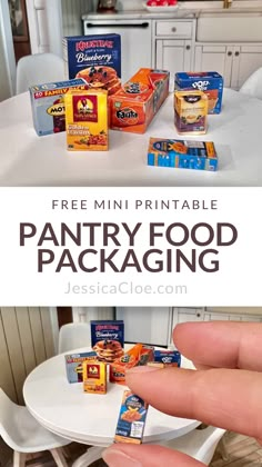 a hand holding up a package of food on top of a table with the text free mini printable pantry food packaging