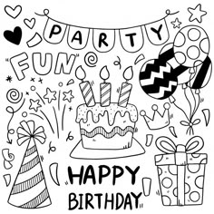 a birthday card with balloons, gifts and confetti in black and white ink