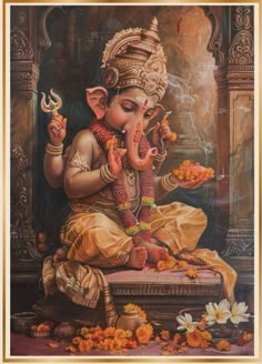 an image of lord ganesha sitting on a bench with flowers in front of him