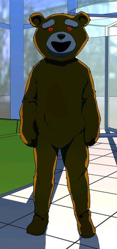 a cartoon bear is standing in the middle of a room