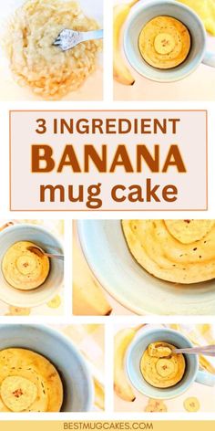 three ingredient banana mug cake in a blue bowl with the words 3 ingredients on top