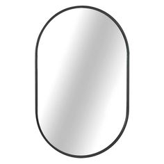 the oval mirror is black and has a metal frame around it, with a white background