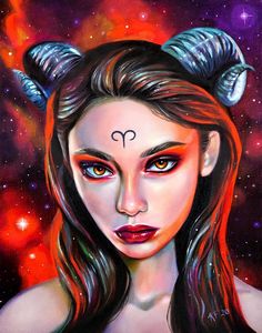 a painting of a woman with horns on her head and red eyes, in front of stars