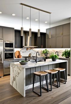 #ModernKitchen #HalfWallPartition #USAInteriors #ContemporaryDecor #OpenConcept This USA-style contemporary kitchen features a taupe-painted half-wall partition, creating a modern yet cozy open space. Gray cabinets and marble counters offer sleek sophistication, while colorful accents add warmth. Ideal for those who enjoy a chic yet functional setup for gatherings. Combined Kitchen Dining Room, Open Kitchen Partition Ideas, Wall Partition, Gray Cabinets