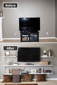 the before and after pictures of a living room entertainment center