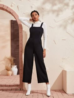 Wide Leg Pants Jumpsuit, What To Wear With Jumpsuit Outfit, Jumpsuit Layered Outfit, Wide Legged Jumpsuit Outfit, Jumpsuit And Turtleneck Outfit, Layered Jumpsuit Outfit Winter, Cute Black Jumpsuit Outfit, Jumpsuits In Winter, Cropped Jumpsuit Outfits