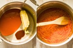 two pictures of sauce being stirred in a pot