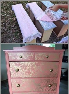 an old dresser has been painted pink and gold with lace on the top, then it's finished