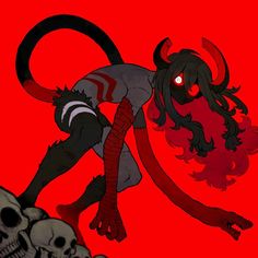 a demon with horns and red eyes standing next to two skulls on a red background