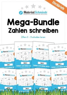 the mega - bundle for children's math workbook is shown in blue and white