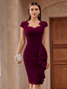 Elegant Solid Sweetheart Neck Ruffle Trim Cocktail Party Fitted Dress Burgundy Elegant  Cap Sleeve Knitted Fabric Plain Bodycon,Fitted Slight Stretch  Weddings & Events, size features are:Bust: ,Length: ,Sleeve Length: Burgundy Dress Outfit, Simple And Elegant Dress, Trendy Petite Clothing, Coktail Dress, Burgundy Party Dress, Plain Dresses, Cocktail Dress Elegant, Velvet Party Dress, Corporate Dress