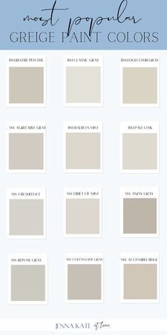 the most popular gray paint colors for interior walls and ceilings, with text overlaying them