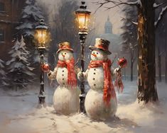 two snowmen standing next to each other in front of a lamp post and trees