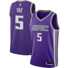 the sacramento six basketball jersey is purple and has white letters that read 5 on it