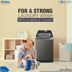 a woman and child sitting on the floor in front of a washing machine with laundry wash