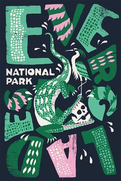 the national park poster is shown in green, pink and blue colors on a black background