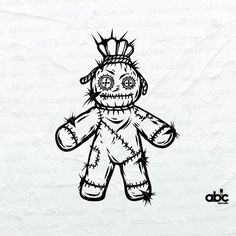 a black and white drawing of a teddy bear wearing a crown