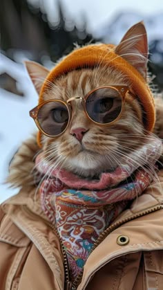 an orange cat wearing glasses and a scarf