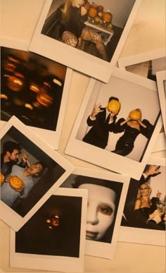 several polaroid pictures of people holding pumpkins