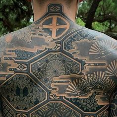 the back of a man with tattoos on his body