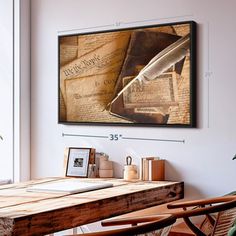 a room with a wooden table and chair next to a large painting on the wall