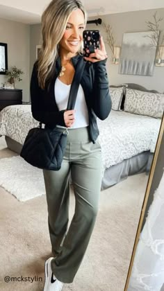 The best yoga pants on amazon. These yoga work pants are so comfy and cute. Dress them down for a fall athleisure outfit or dress them up for a casual work outfit. Great for teacher style and casual mom style. Love these wide leg yoga pants for a fall travel outfit. Shop this cute athleisure outfit now. #affiliatelink Olive Pants Work Outfit, Lululemon Trouser Outfit, Work To Gym Outfits, Yoga Athleisure Outfits, How To Wear Yoga Pants To Work, Athletic Fall Outfits For Women, Athletic Work Outfits Women, Professional Sweatpants Outfit, Athlesuire Work Outfits