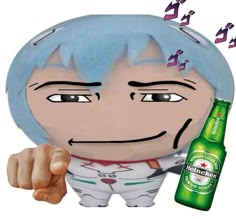 a person with blue hair holding a beer and pointing to it's face,