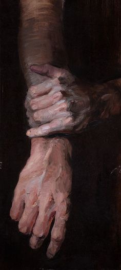 a painting of two hands holding each other's arm, with one hand wrapped around the other