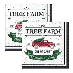 two paper napkins with the words tree farm and a red truck on it's side