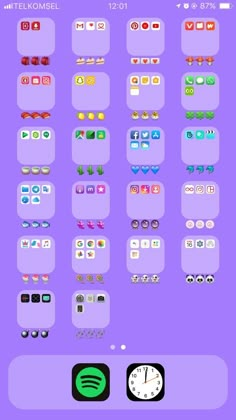 an iphone screen with different icons and buttons on the bottom right hand corner, in front of a purple background