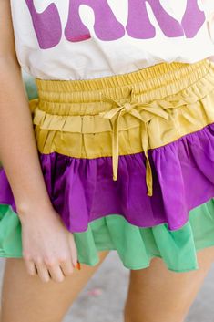 Mardi Gras Satin Ruffle Skort Mardi Gras Couples Outfits, Ruffle Skort, Couples Outfits, Mardi Gras Outfits, Boutique Trends, Vibrant Purple, Couple Outfits, Purple Green, Pet Hair