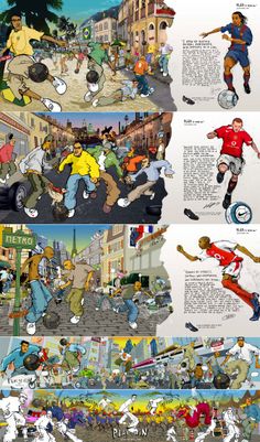 an image of cartoon characters doing different things in the same place, and one is playing soccer