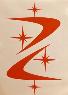 a red and white poster with stars in the shape of a z on it's side