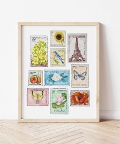 a wooden frame with some stamps on it