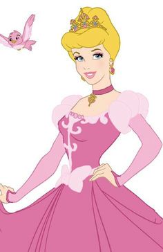 the princess in her pink dress with a bird flying over her head and behind her