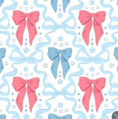 a blue and pink bow pattern with stars on the side, as well as two smaller bows