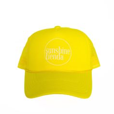 Sunshine Tienda® Yellow Sunshine Tienda Trucker Hat Summer Trucker Hat With Flat Brim, Summer Baseball Cap With Letter Print And Flat Bill, Summer Streetwear Snapback Hat With Curved Bill, Summer Trucker Baseball Cap With Flat Bill, Yellow Trucker Hat Baseball Cap For Spring, Yellow Flat Brim Snapback Hat For Summer, Summer Snapback Trucker Hat, Summer Trucker Hat With Snapback, Yellow Curved Brim Baseball Cap For Summer