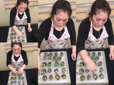 two women in aprons are making cupcakes