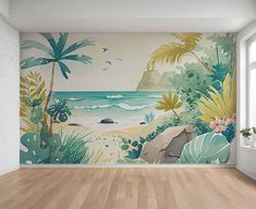 an empty room with a tropical mural on the wall and wooden flooring in front of it