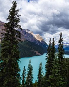 a lake surrounded by pine trees under a cloudy sky with mountains in the back ground