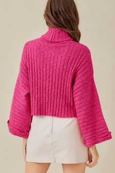 Hot pink turtleneck sweater. Flare out sleeves. Recommended Sizing. 2-4 S, 6 M, 8 - 10 L Hot Pink Turtleneck, Neon Pink Sweater, Pink Turtleneck, Pink Turtleneck Sweater, Hot Sweater, Knit Turtleneck Sweater, Girls Wardrobe, Ribbed Knit Sweater, Mustard Seed