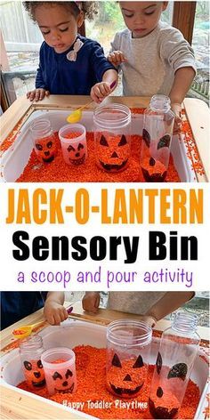 jack - o - lanterners are in plastic cups filled with red sand and pumpkin faces