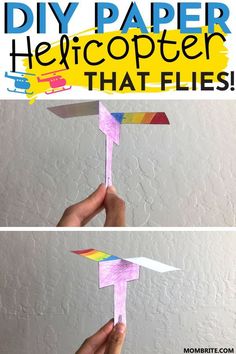 two pictures with the words diy paper helicopter that flies above them and below it