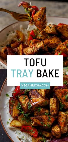 tofu tray bake on a plate with rice and vegetables