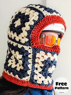 a woman wearing a crocheted hat with sunglasses on her face and the words free pattern below it